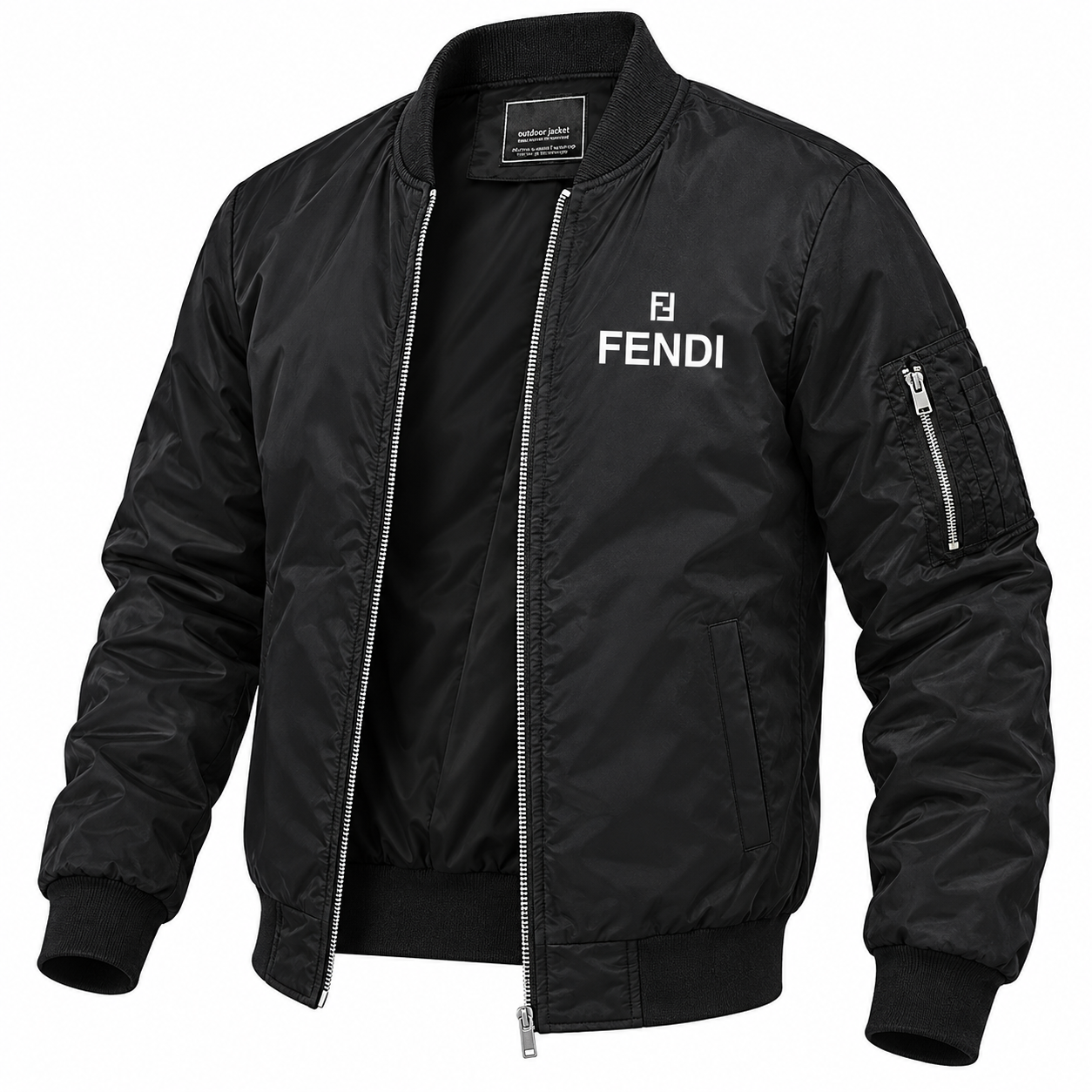 Men's Fendi Lightweight Bomber Jacket Windbreaker Softshell Varsity Jacket Coat | Color: Black | Image 5