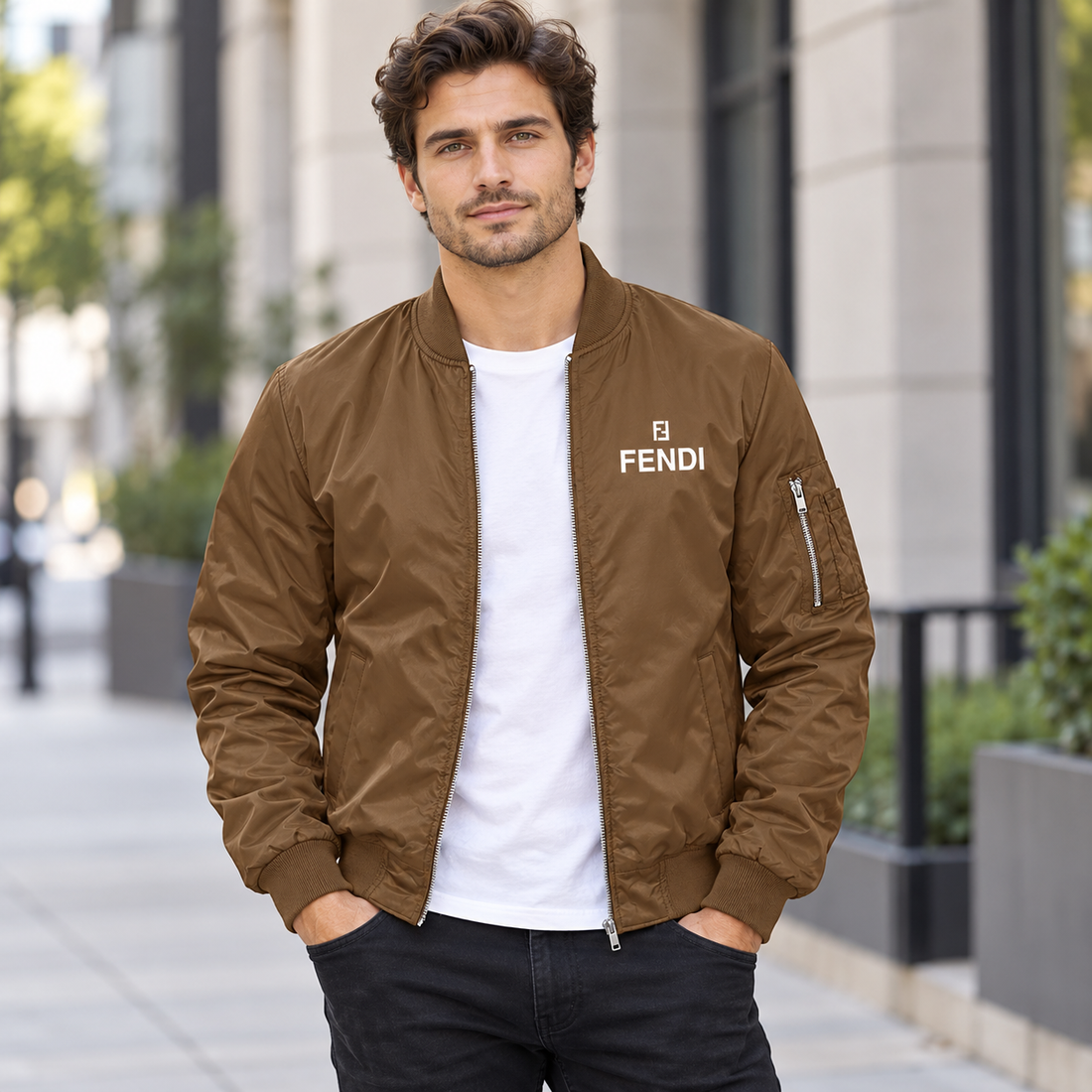 Men's Fendi Lightweight Bomber Jacket Windbreaker Softshell Varsity Jacket Coat | Color: Brown | Image 1