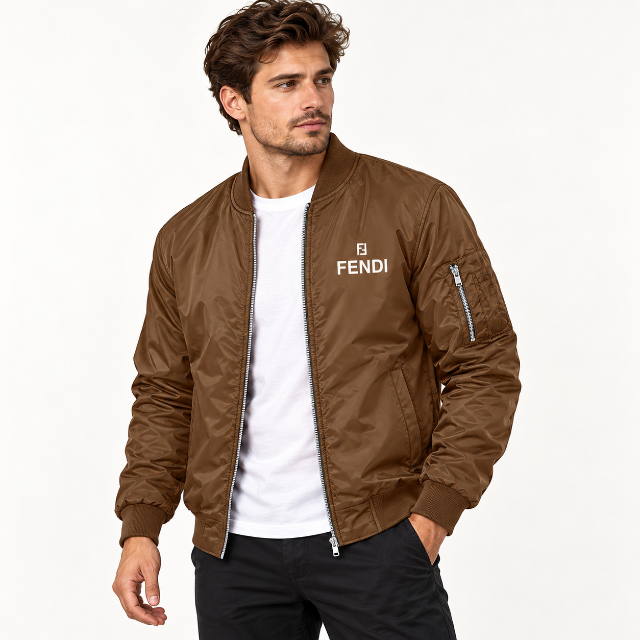 Men's Fendi Lightweight Bomber Jacket Windbreaker Softshell Varsity Jacket Coat | Color: Brown | Image 2