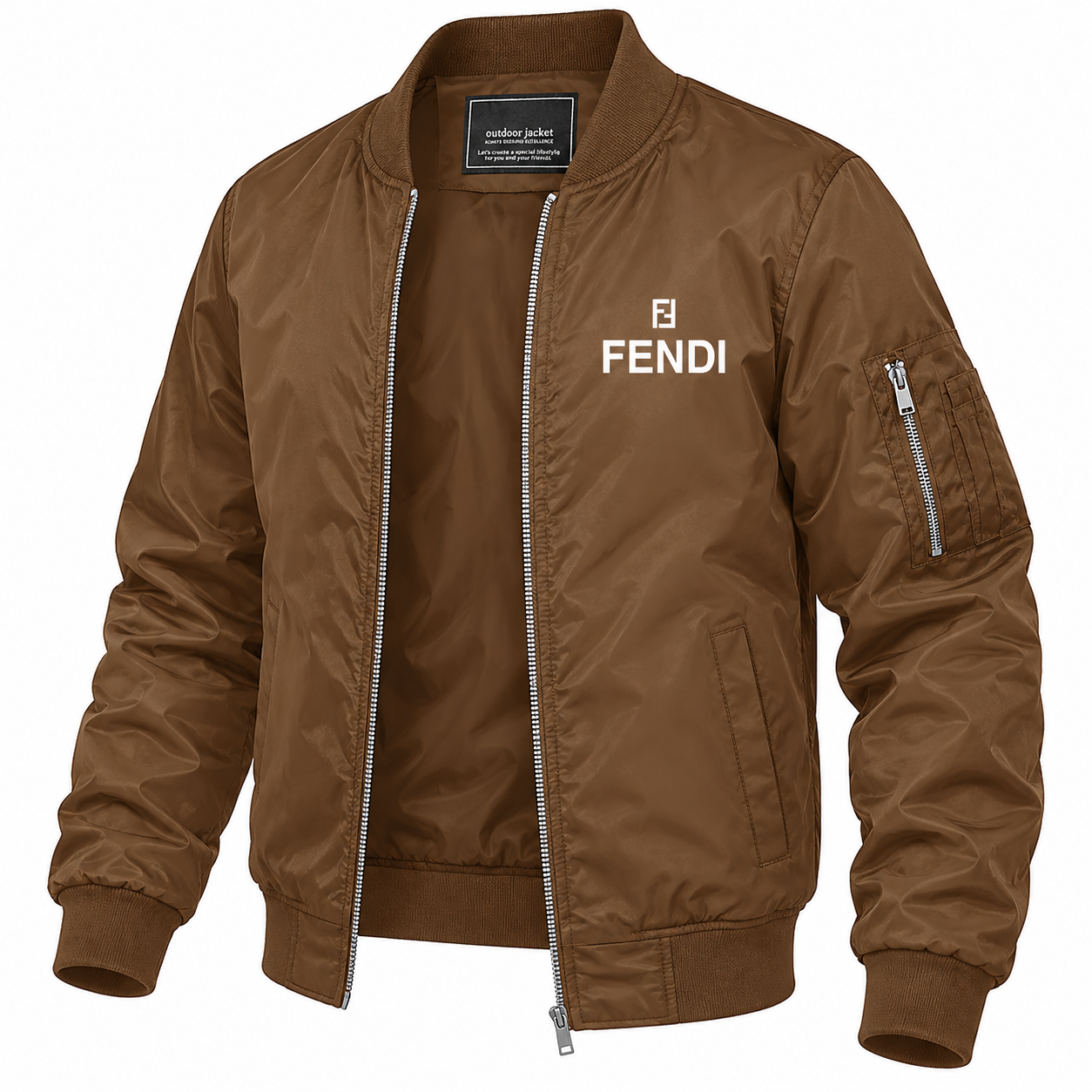Men's Fendi Lightweight Bomber Jacket Windbreaker Softshell Varsity Jacket Coat | Color: Brown | Image 5