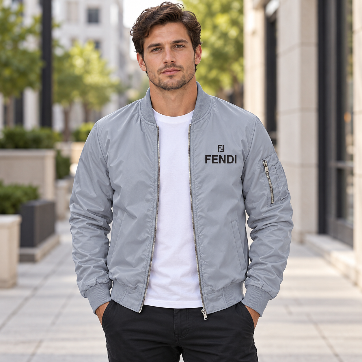 Men's Fendi Lightweight Bomber Jacket Windbreaker Softshell Varsity Jacket Coat | Color: Grey | Image 1