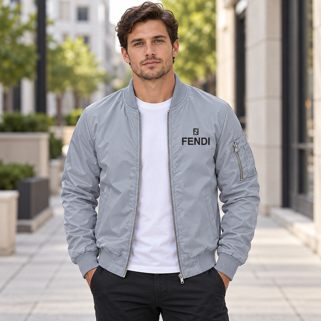 Men's Fendi Lightweight Bomber Jacket Windbreaker Softshell Varsity Jacket Coat | Color: Grey | Image 1