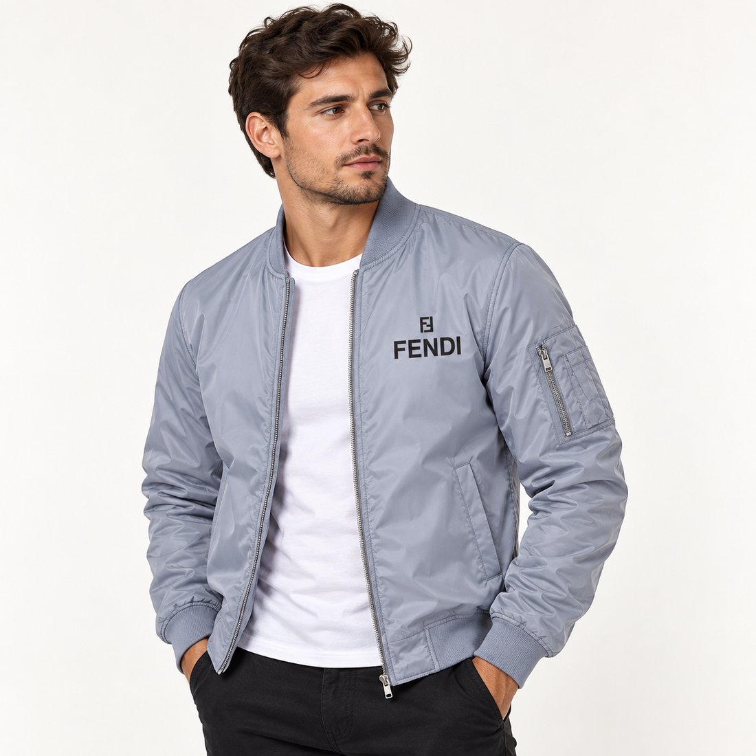 Men's Fendi Lightweight Bomber Jacket Windbreaker Softshell Varsity Jacket Coat | Color: Grey | Image 2
