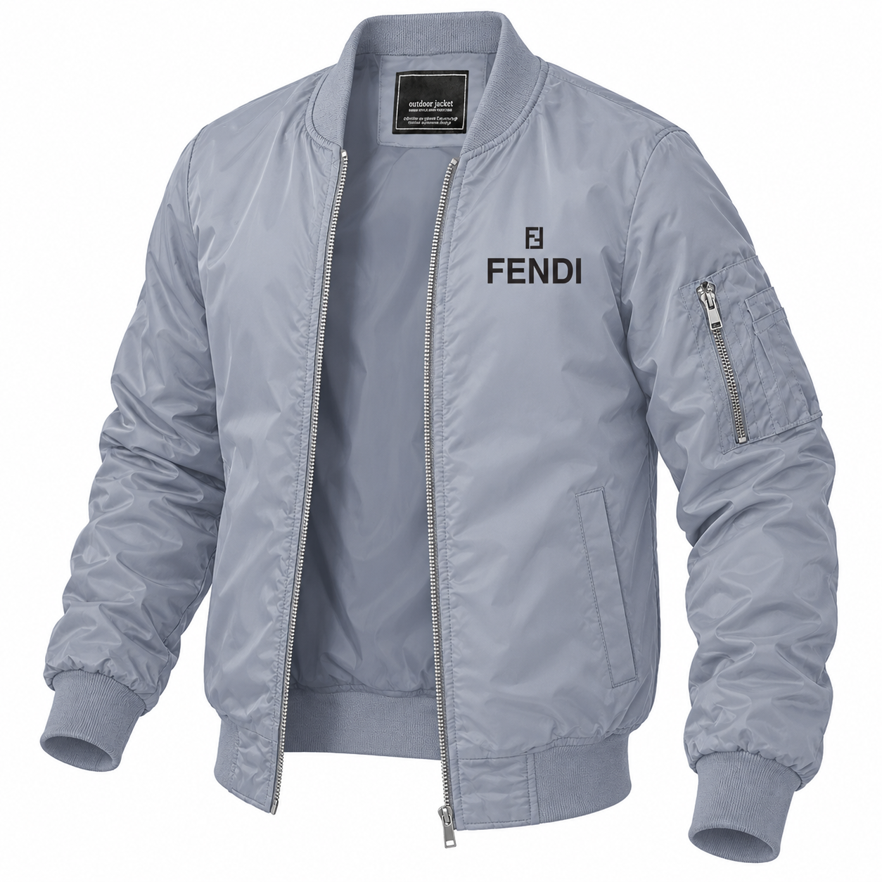 Men's Fendi Lightweight Bomber Jacket Windbreaker Softshell Varsity Jacket Coat | Color: Grey | Image 5