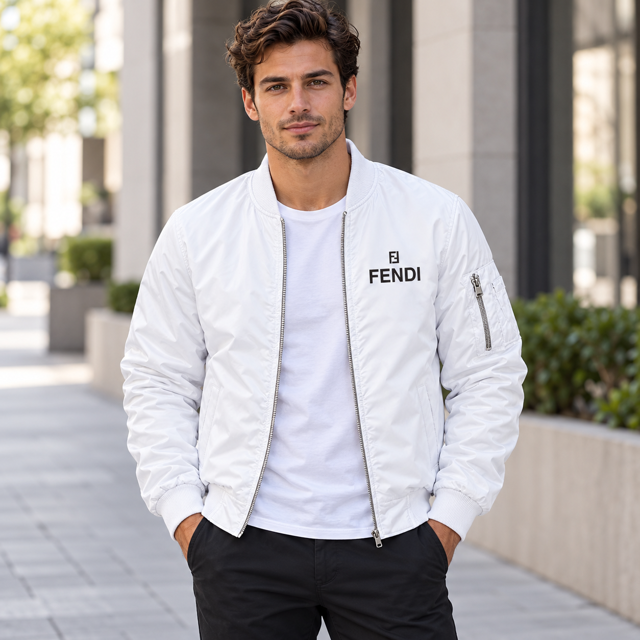 Men's Fendi Lightweight Bomber Jacket Windbreaker Softshell Varsity Jacket Coat | Color: White | Image 1