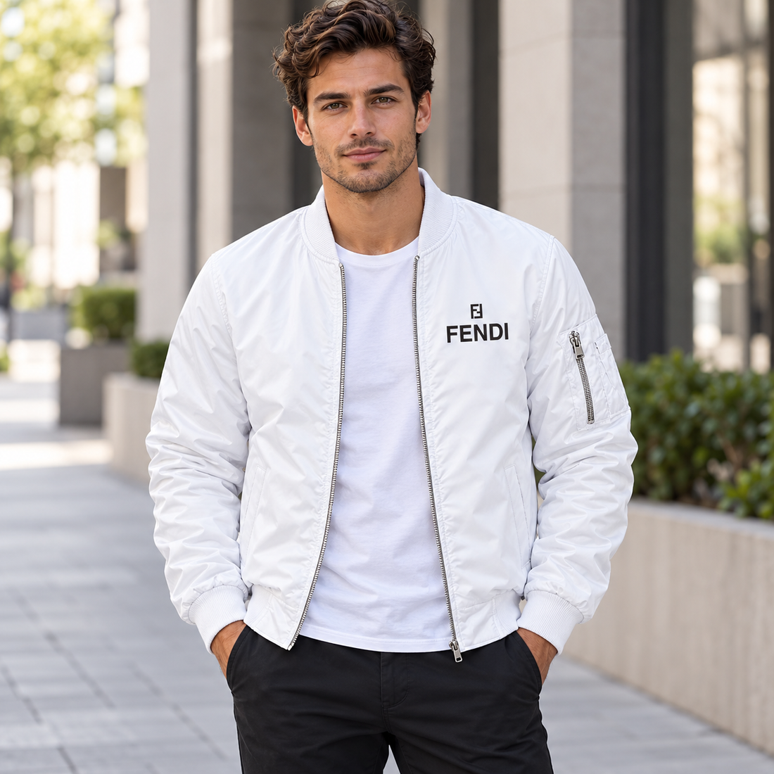 Men's Fendi Lightweight Bomber Jacket Windbreaker Softshell Varsity Jacket Coat | Color: White | Image 1