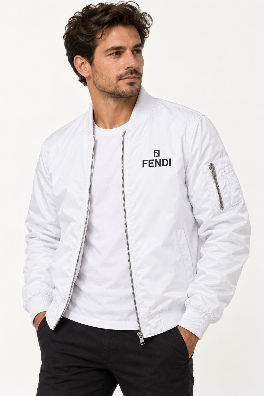 Men's Fendi Lightweight Bomber Jacket Windbreaker Softshell Varsity Jacket Coat | Color: White | Image 2