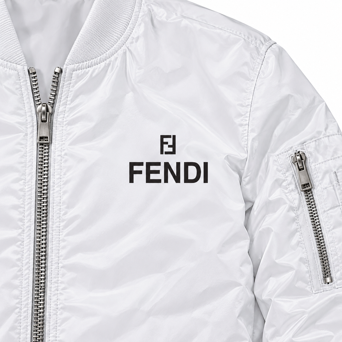 Men's Fendi Lightweight Bomber Jacket Windbreaker Softshell Varsity Jacket Coat | Color: White | Image 3