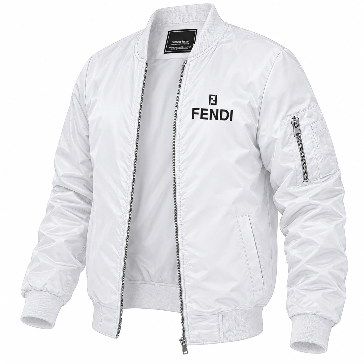 Men's Fendi Lightweight Bomber Jacket Windbreaker Softshell Varsity Jacket Coat | Color: White | Image 5