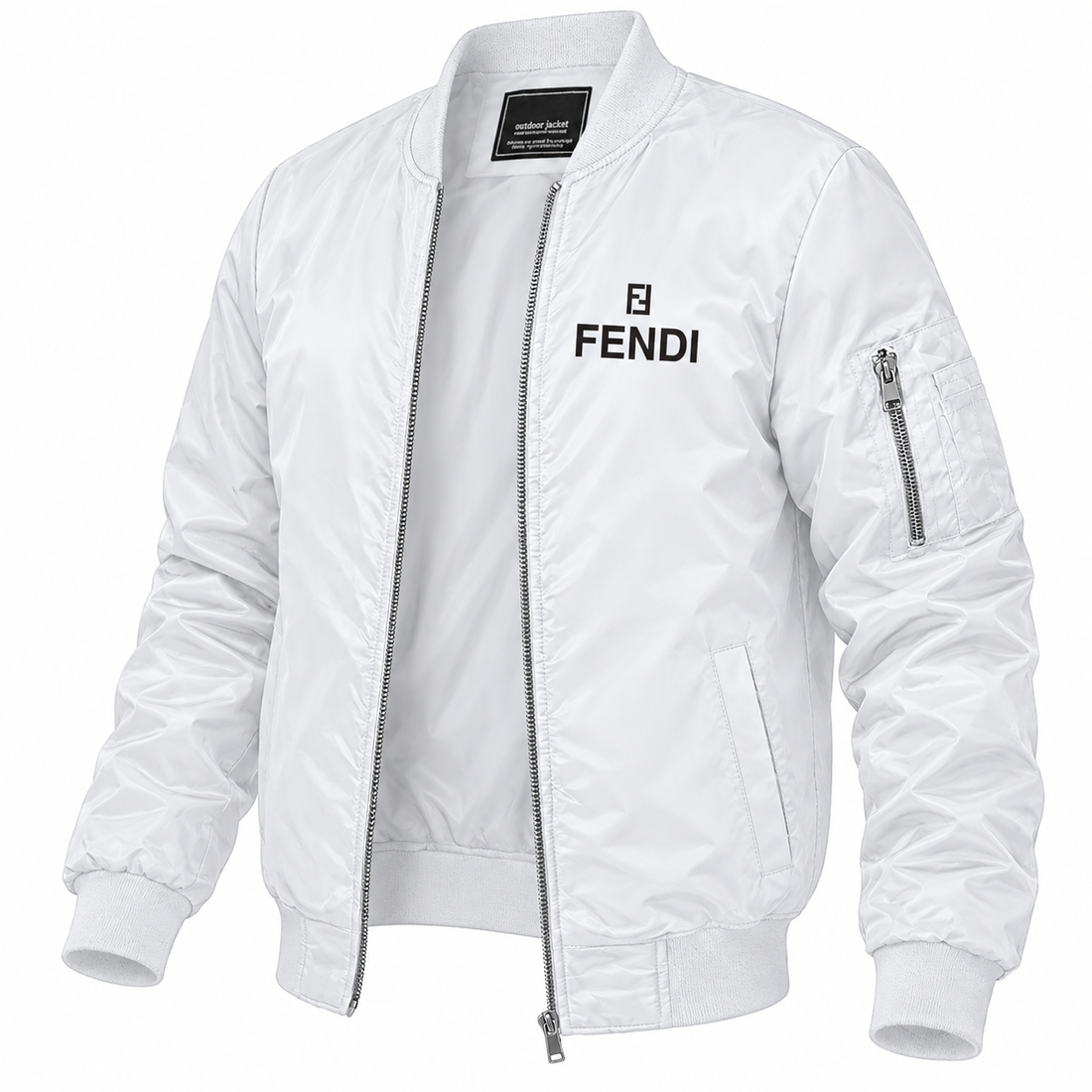 Men's Fendi Lightweight Bomber Jacket Windbreaker Softshell Varsity Jacket Coat | Color: White | Image 5