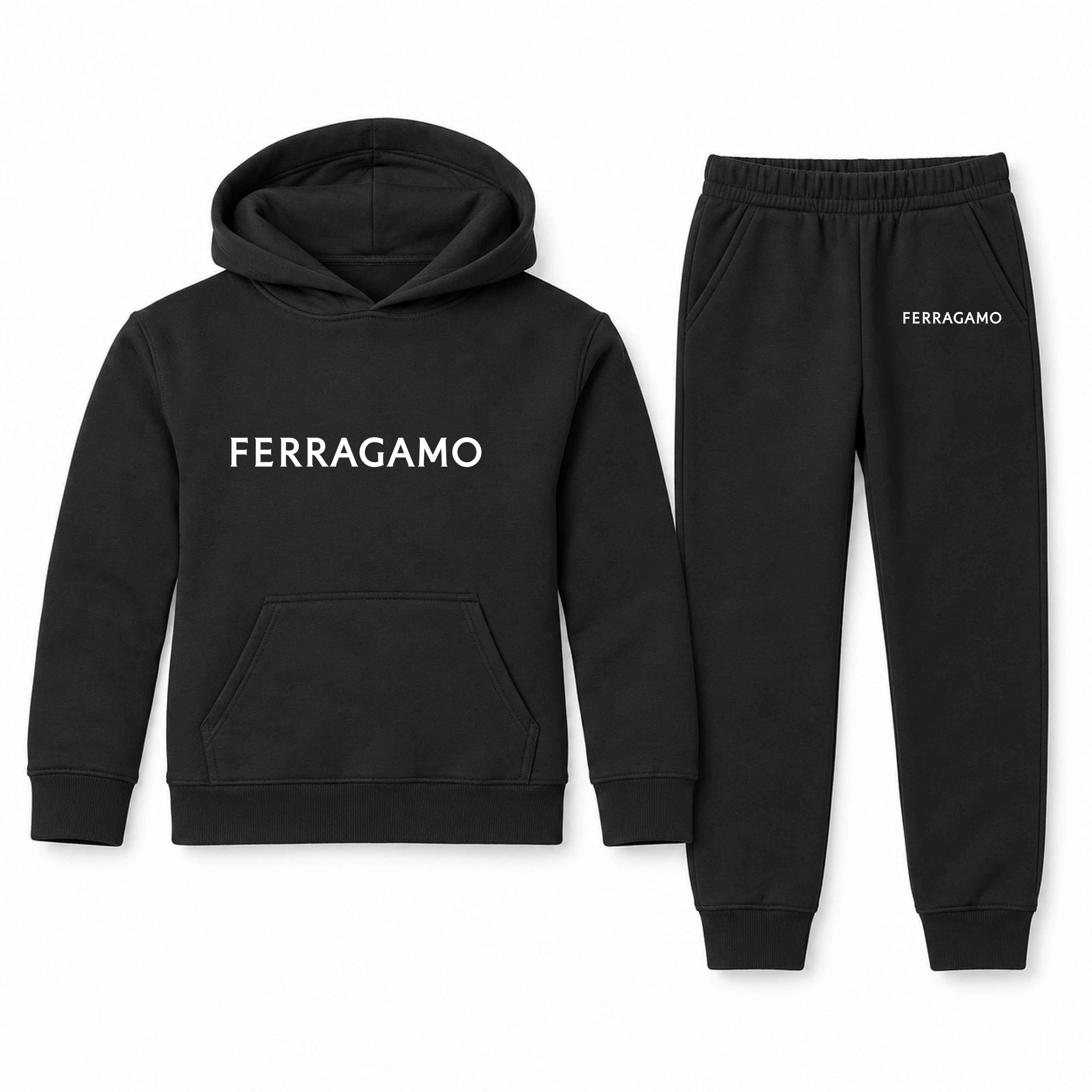 Ferragamo Youth Hoodie Jogger Set | Black | Youth Large, ages 10–12