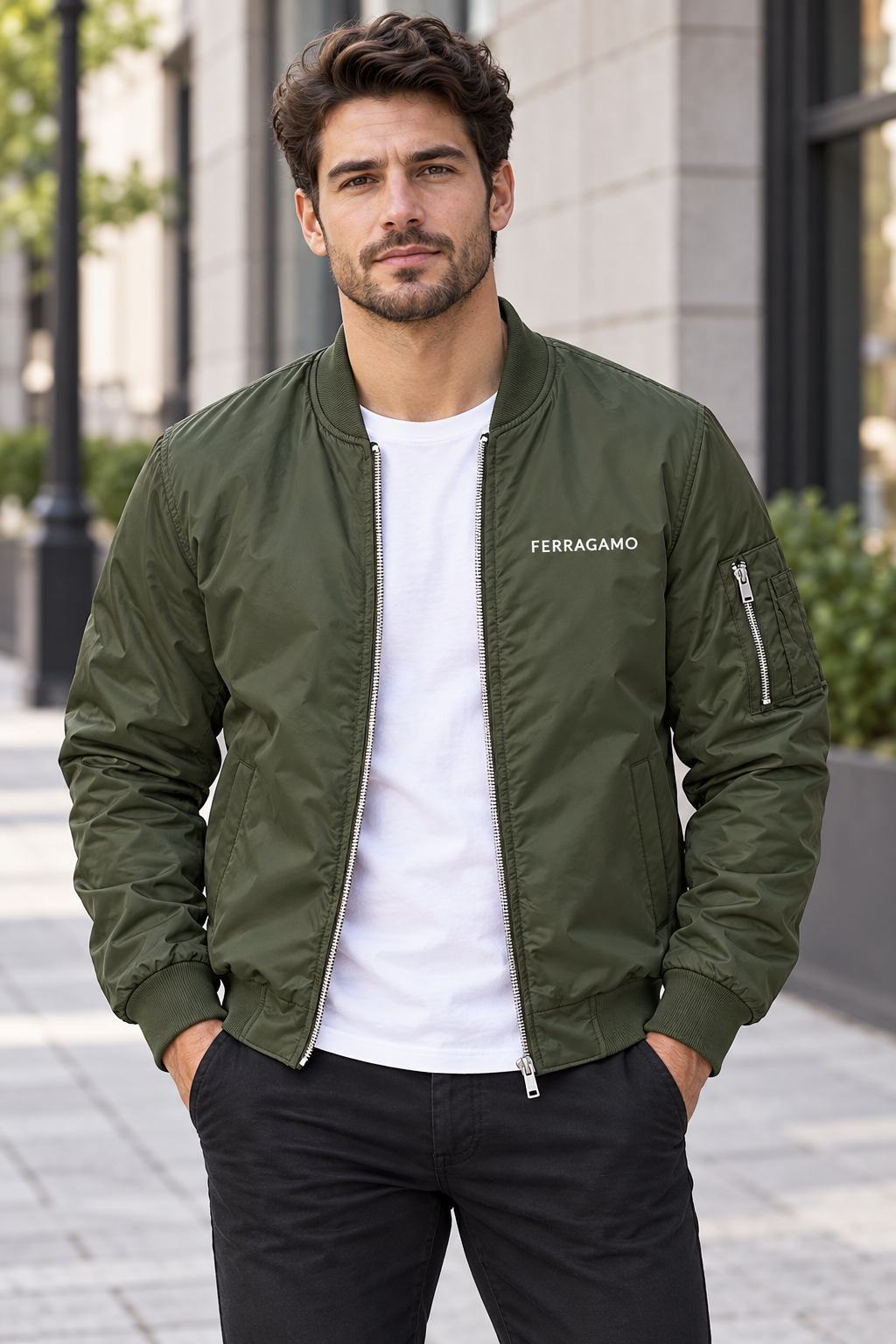 Men's Ferragamo Lightweight Bomber Jacket Windbreaker Softshell Varsity Jacket Coat | Color: Army Green | Image 1
