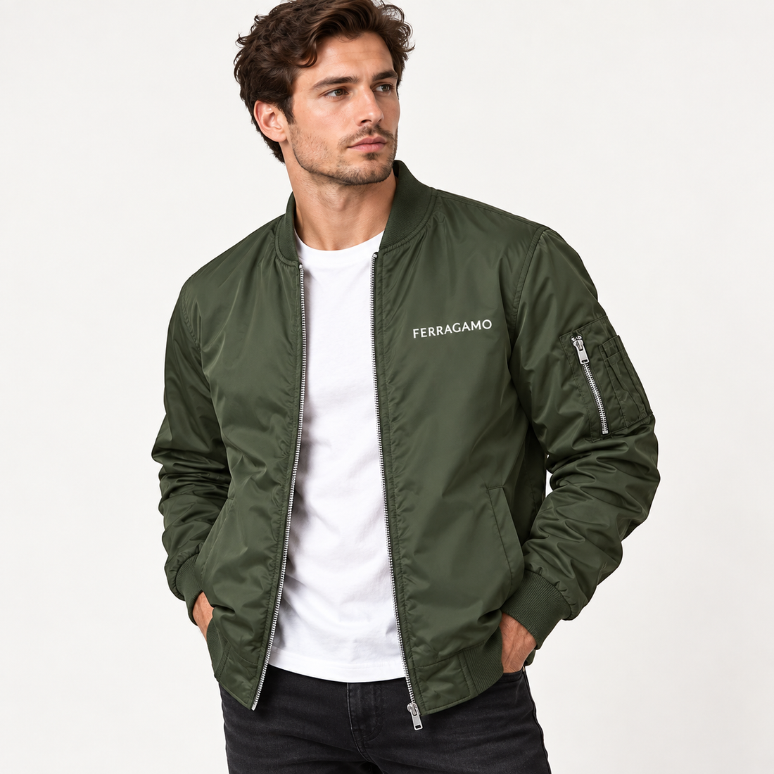 Men's Ferragamo Lightweight Bomber Jacket Windbreaker Softshell Varsity Jacket Coat | Color: Army Green | Image 2