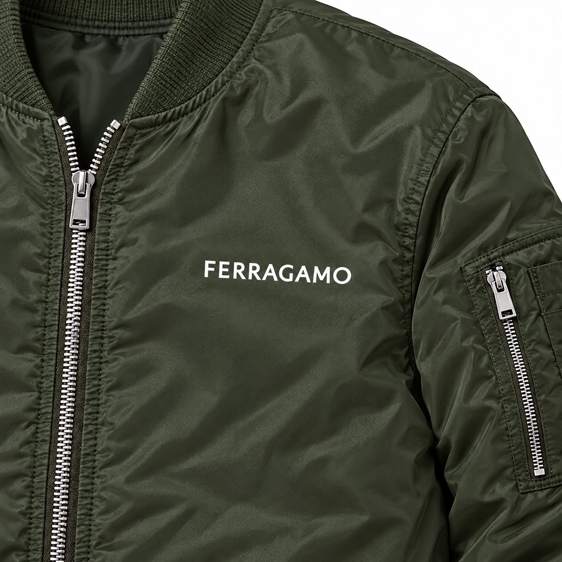 Men's Ferragamo Lightweight Bomber Jacket Windbreaker Softshell Varsity Jacket Coat | Color: Army Green | Image 3