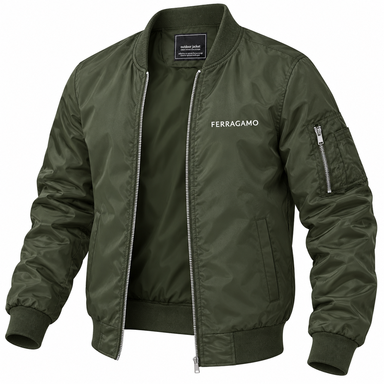 Men's Ferragamo Lightweight Bomber Jacket Windbreaker Softshell Varsity Jacket Coat | Color: Army Green | Image 5
