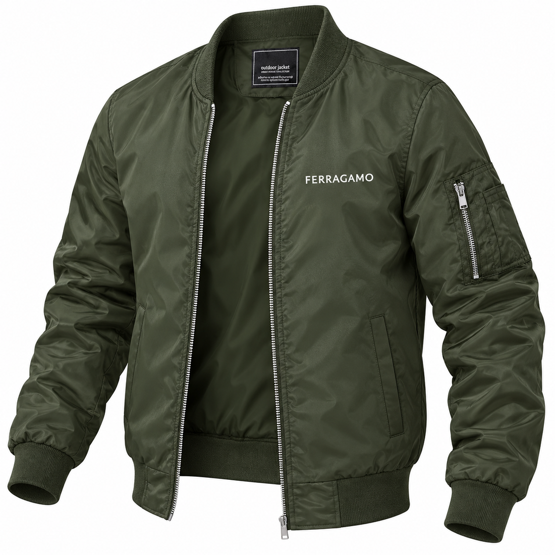 Men's Ferragamo Lightweight Bomber Jacket Windbreaker Softshell Varsity Jacket Coat | Color: Army Green | Image 5