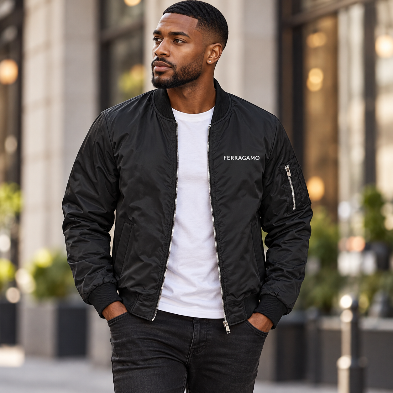 Men's Ferragamo Lightweight Bomber Jacket | Color: Black | Image 1