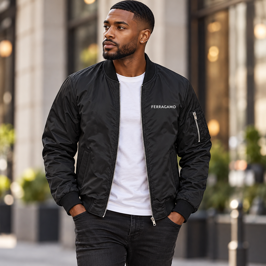 Men's Ferragamo Lightweight Bomber Jacket | Color: Black | Image 1