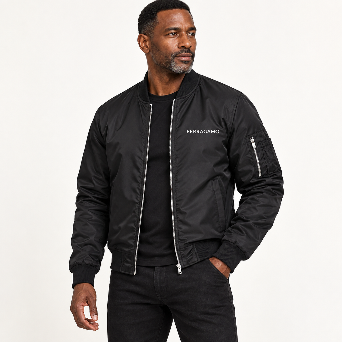 Men's Ferragamo Lightweight Bomber Jacket | Color: Black | Image 3