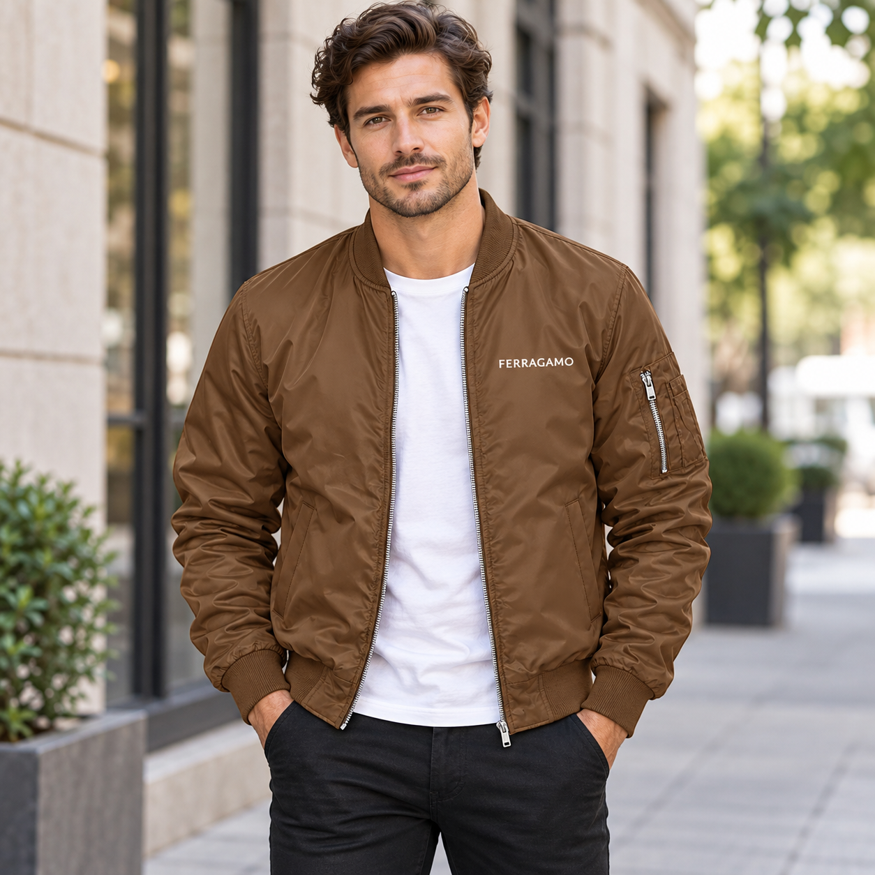 Men's Ferragamo Lightweight Bomber Jacket Windbreaker Softshell Varsity Jacket Coat | Color: Brown | Image 1
