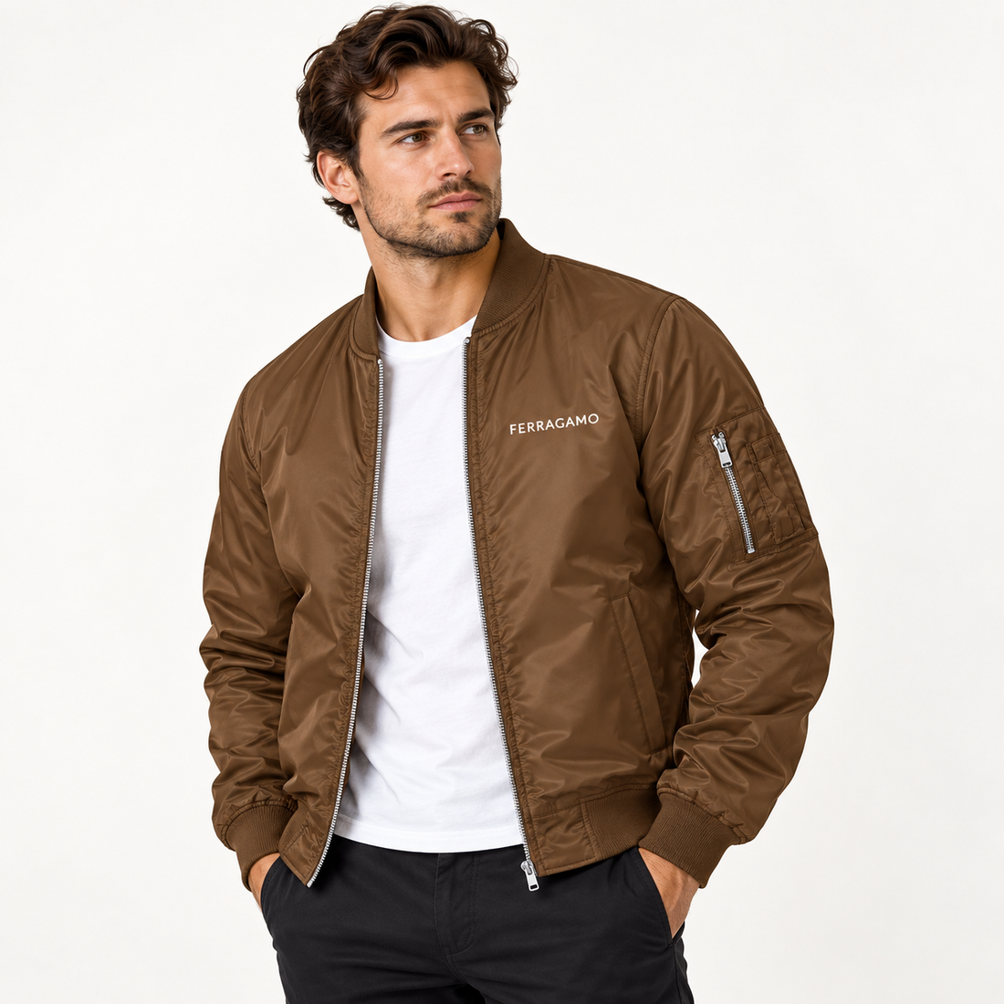 Men's Ferragamo Lightweight Bomber Jacket Windbreaker Softshell Varsity Jacket Coat | Color: Brown | Image 2