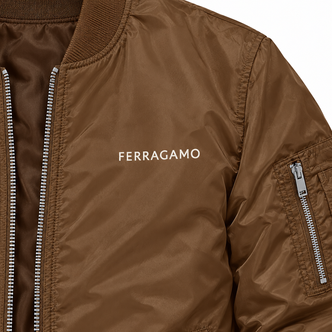Men's Ferragamo Lightweight Bomber Jacket Windbreaker Softshell Varsity Jacket Coat | Color: Brown | Image 3