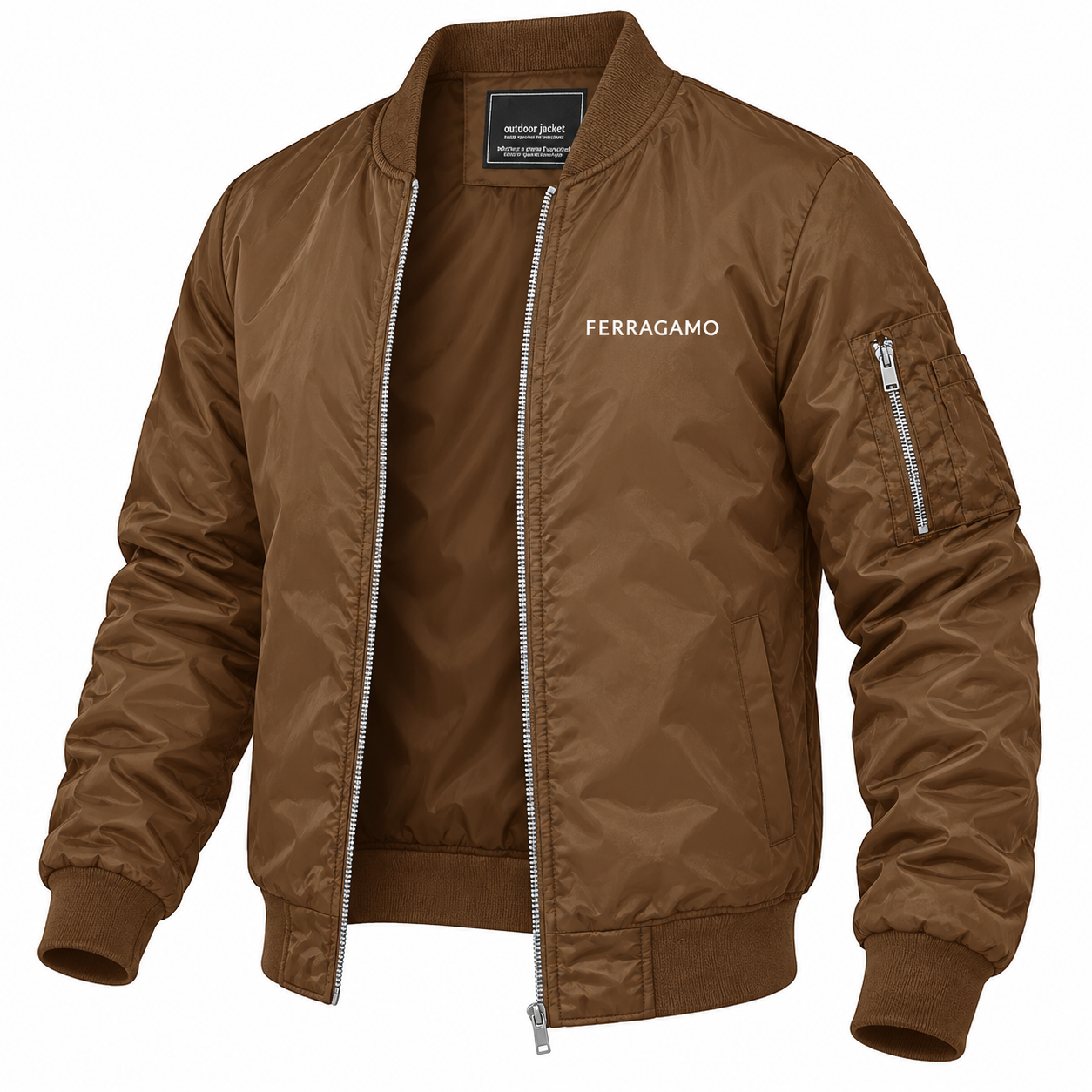 Men's Ferragamo Lightweight Bomber Jacket Windbreaker Softshell Varsity Jacket Coat | Color: Brown | Image 5