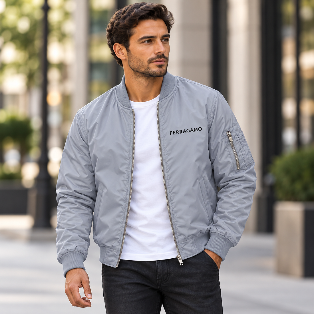 Men's Ferragamo Lightweight Bomber Jacket | Color: Grey | Image 1