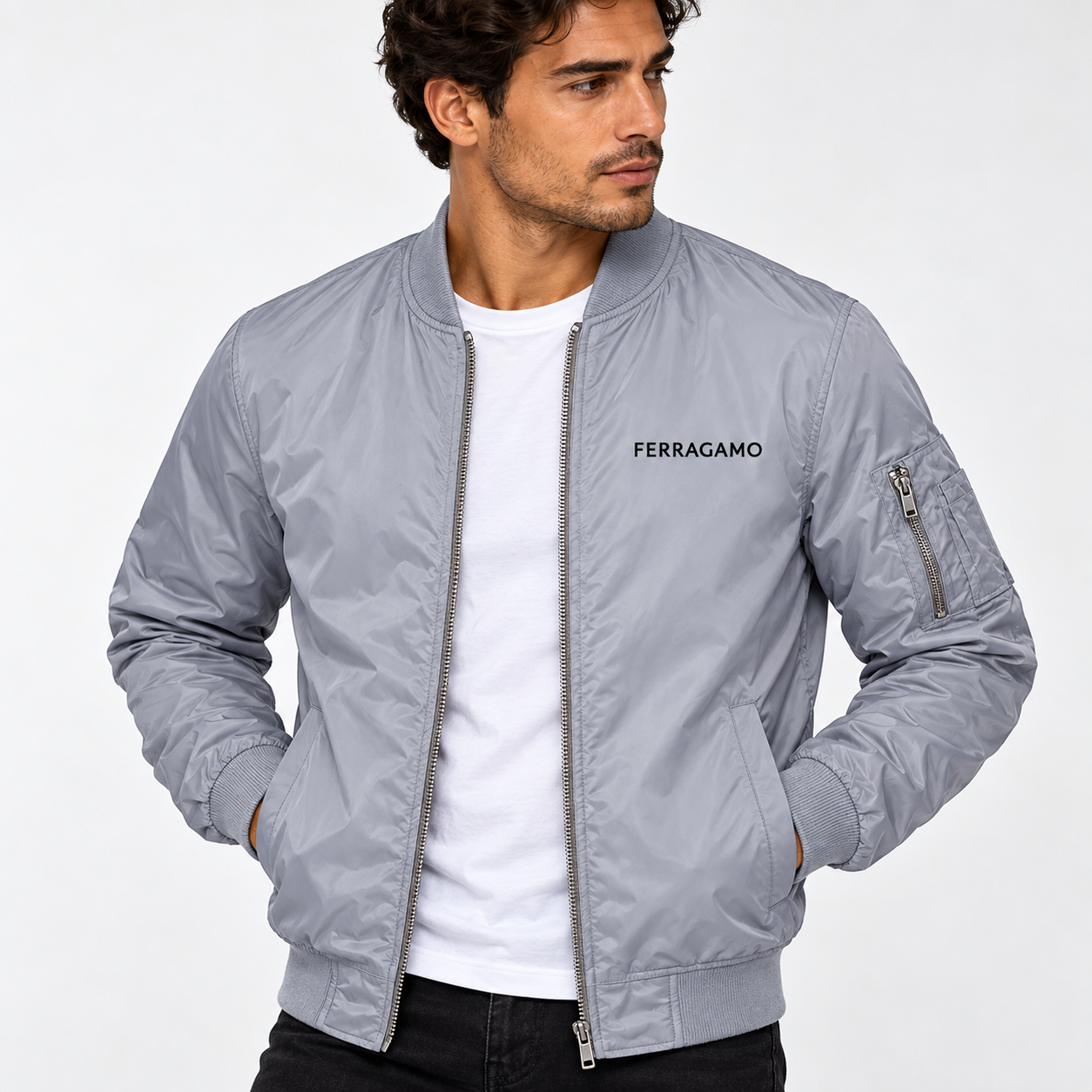 Men's Ferragamo Lightweight Bomber Jacket | Color: Grey | Image 2