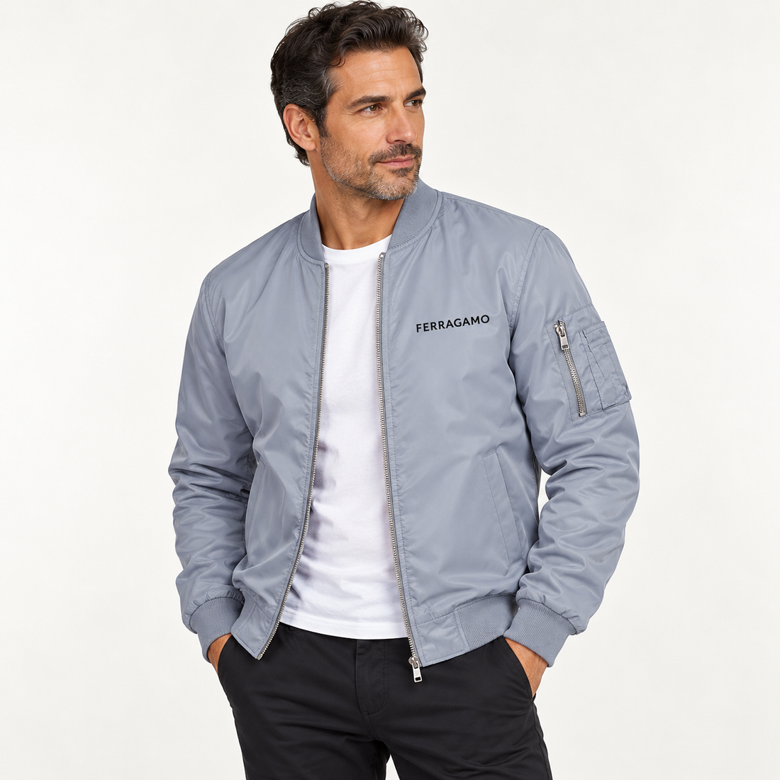 Men's Ferragamo Lightweight Bomber Jacket | Color: Grey | Image 3