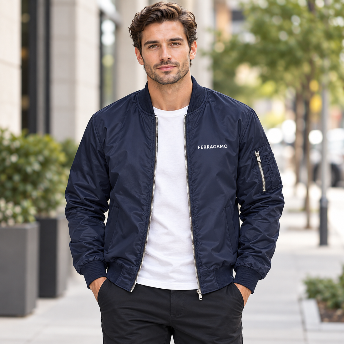 Men's Ferragamo Lightweight Bomber Jacket Windbreaker Softshell Varsity Jacket Coat | Color: Navy | Image 1
