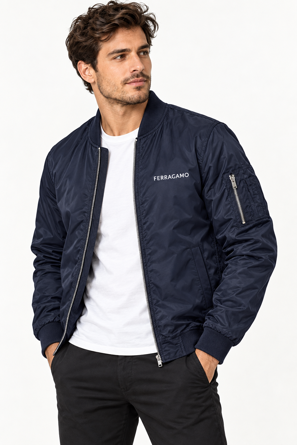 Men's Ferragamo Lightweight Bomber Jacket Windbreaker Softshell Varsity Jacket Coat | Color: Navy | Image 2