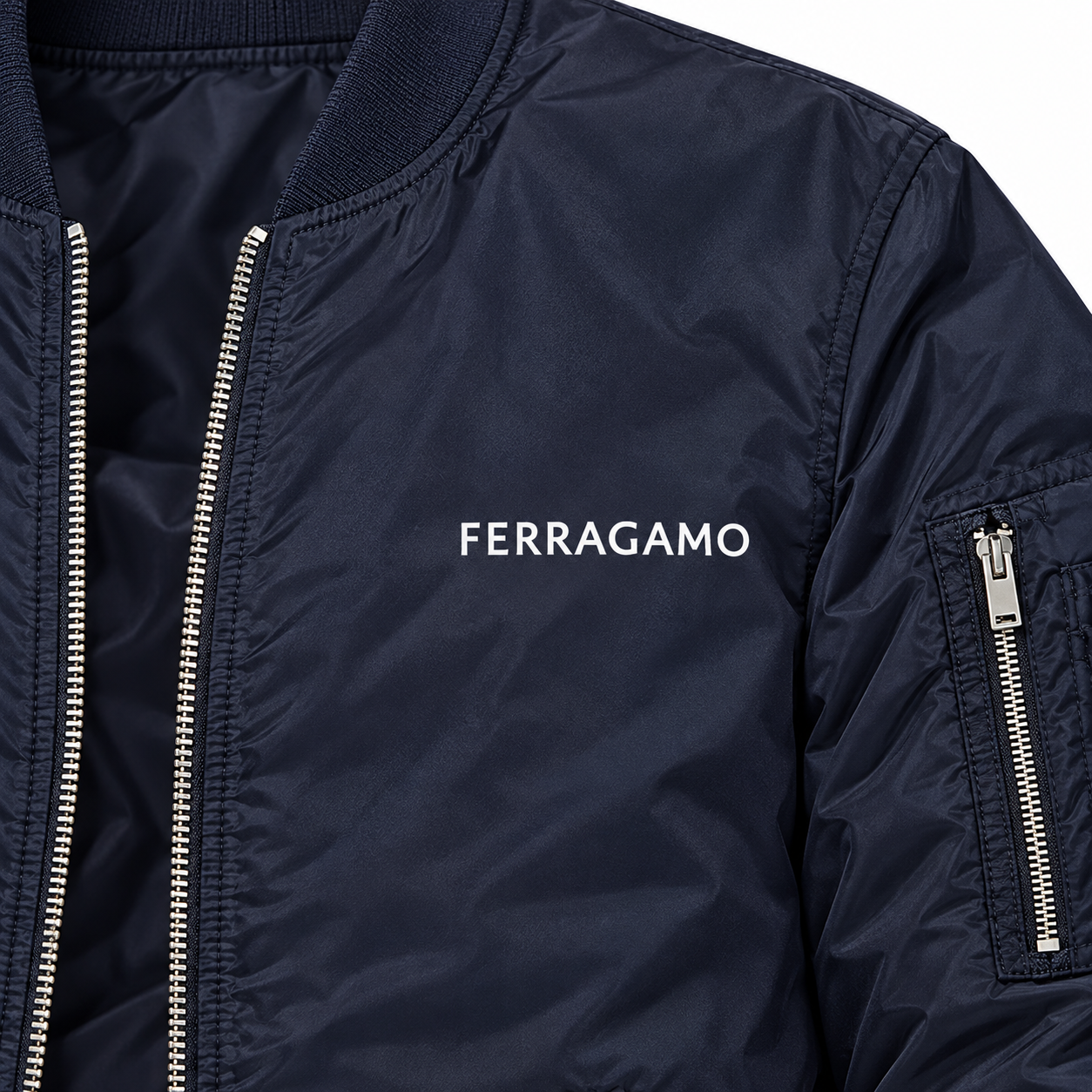 Men's Ferragamo Lightweight Bomber Jacket Windbreaker Softshell Varsity Jacket Coat | Color: Navy | Image 3