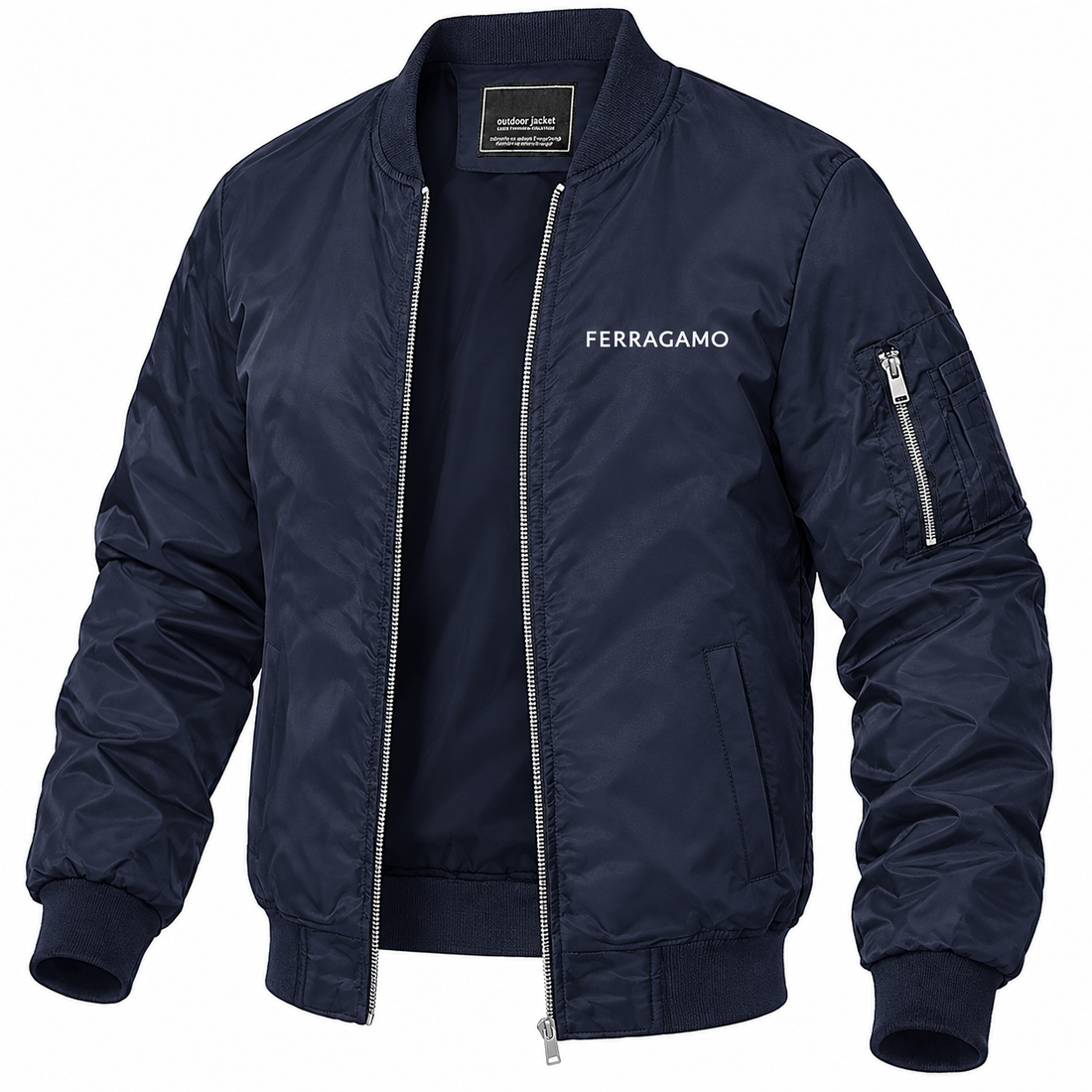 Men's Ferragamo Lightweight Bomber Jacket Windbreaker Softshell Varsity Jacket Coat | Color: Navy | Image 5