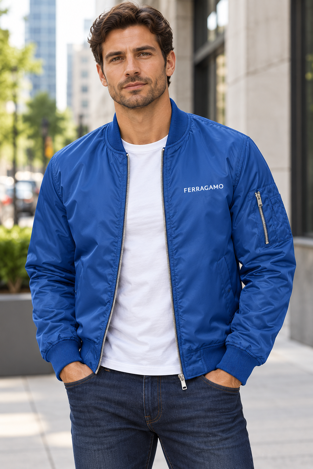 Men's Ferragamo Lightweight Bomber Jacket | Color: Royal Blue | Image 1