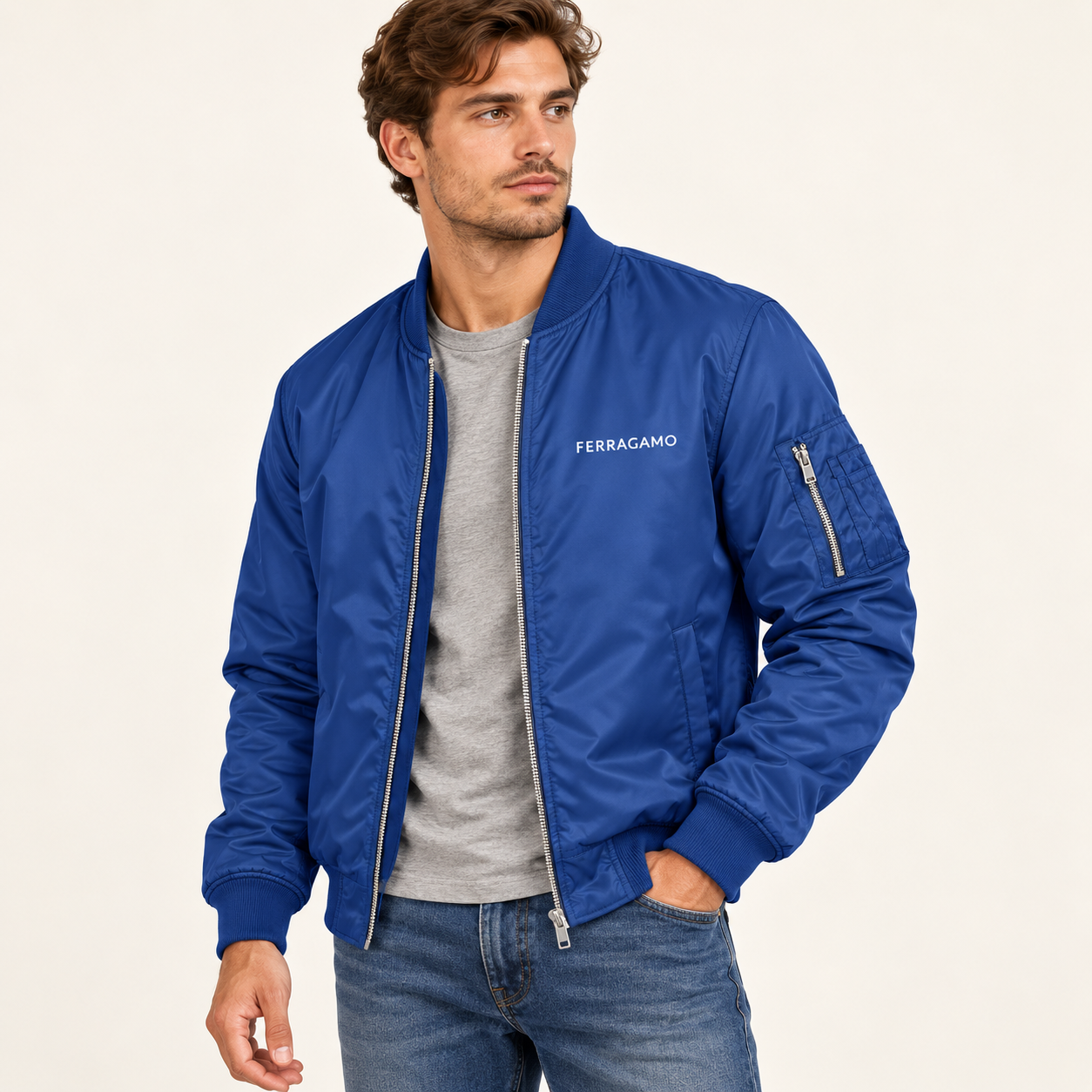 Men's Ferragamo Lightweight Bomber Jacket | Color: Royal Blue | Image 2