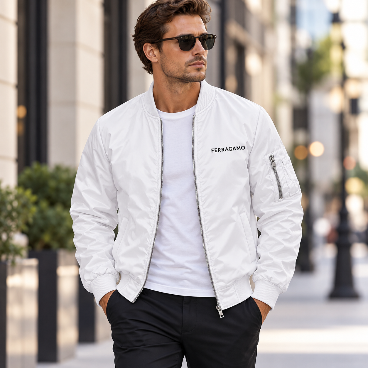 Men's Ferragamo Lightweight Bomber Jacket | Color: White | Image 1