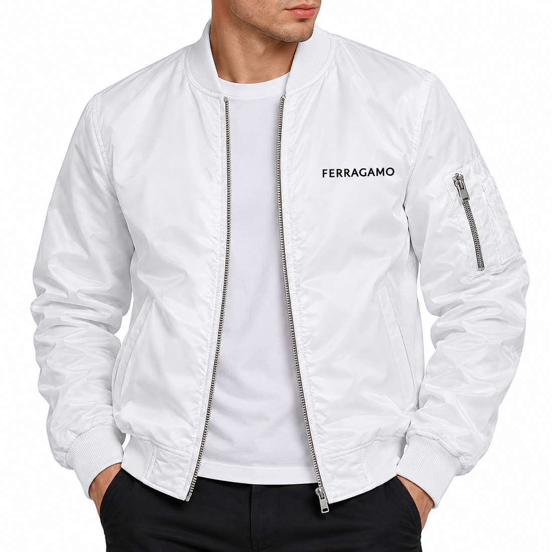 Men's Ferragamo Lightweight Bomber Jacket | Color: White | Image 2