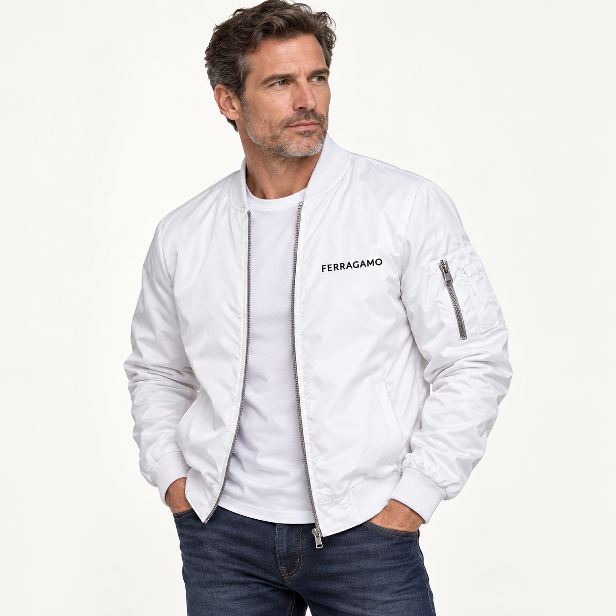 Men's Ferragamo Lightweight Bomber Jacket | Color: White | Image 3