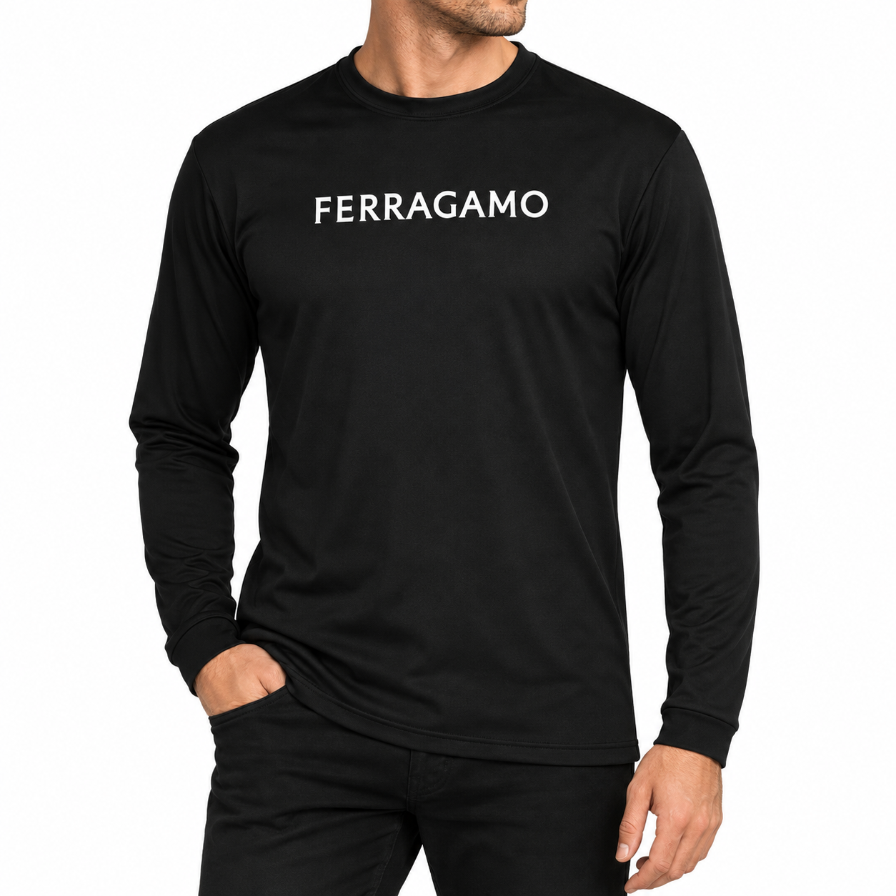 Ferragamo polyester long sleeve shirt in Black, model view