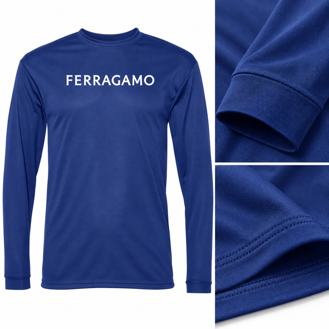 Ferragamo polyester long sleeve shirt in Royal Blue, fabric and cuff detail