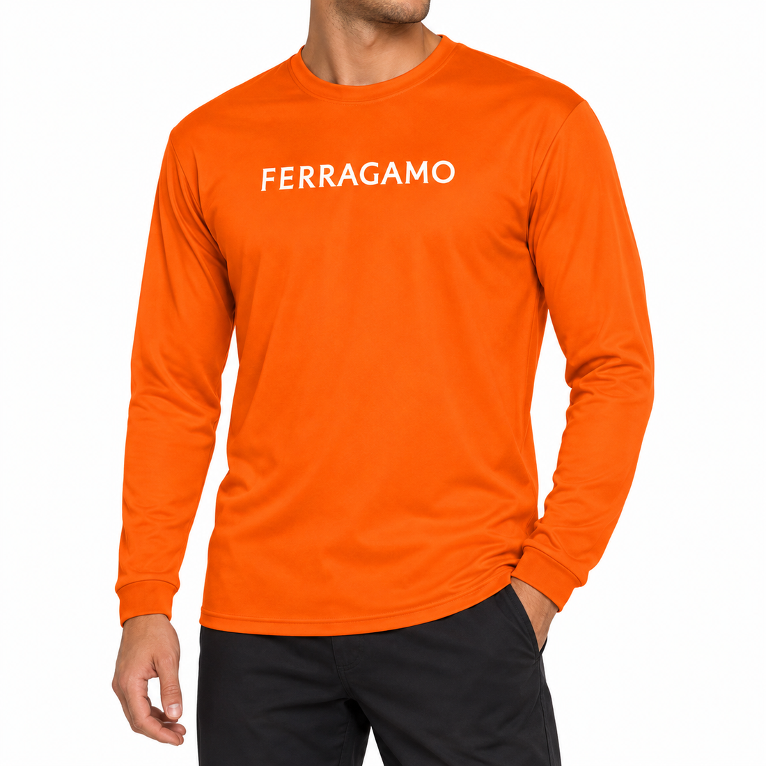 Ferragamo polyester long sleeve shirt in Safety Orange, model view