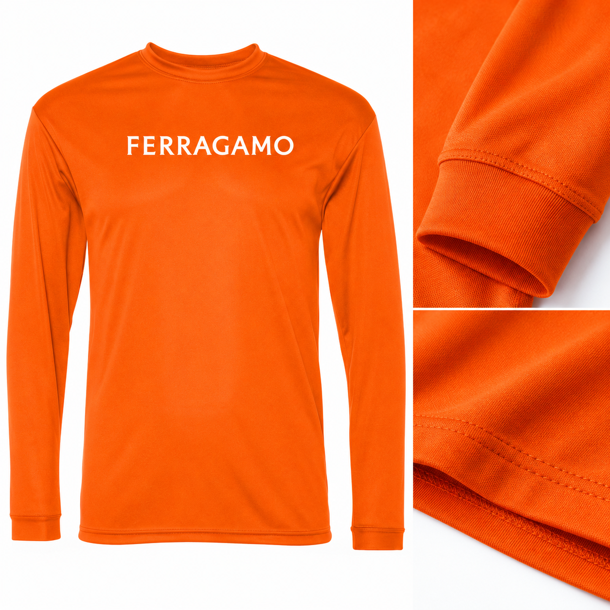 Ferragamo polyester long sleeve shirt in Safety Orange, fabric and cuff detail