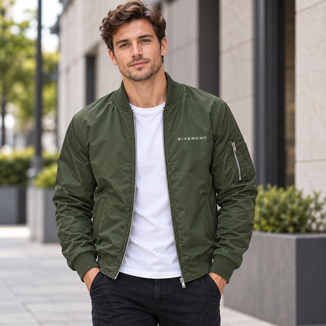 Men's Givenchy Lightweight Bomber Jacket Windbreaker Softshell Varsity Jacket Coat | Color: Army Green | Image 1