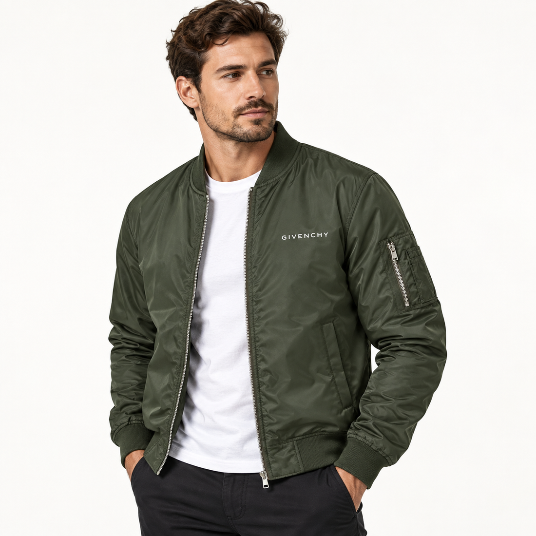 Men's Givenchy Lightweight Bomber Jacket Windbreaker Softshell Varsity Jacket Coat | Color: Army Green | Image 2
