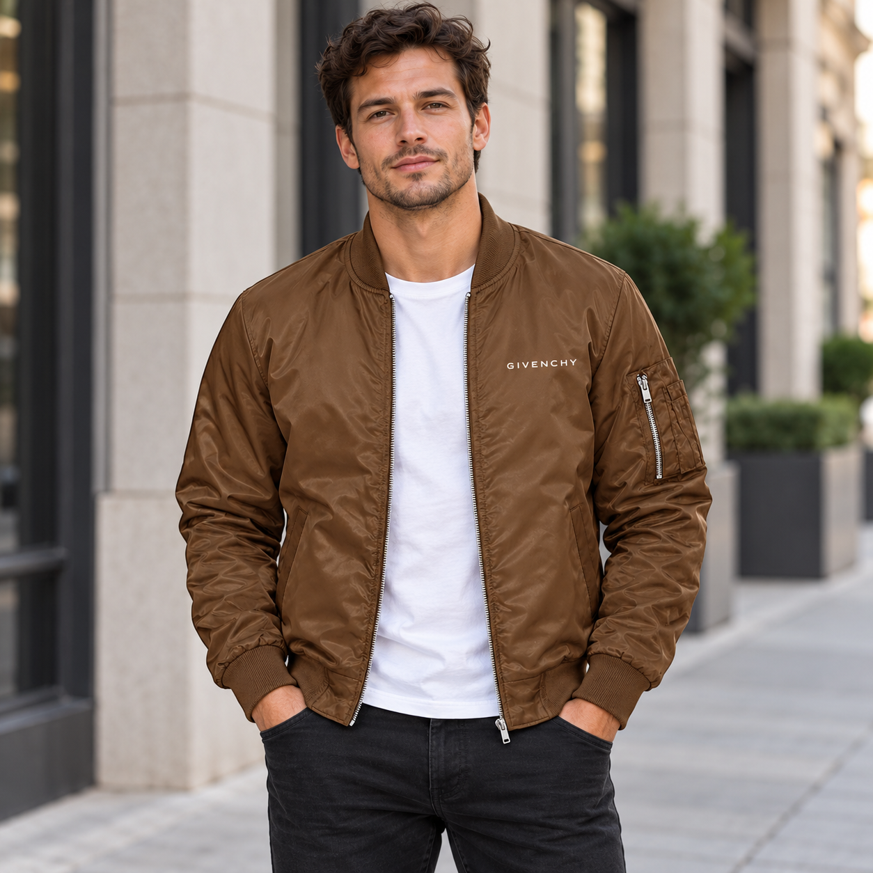 Men's Givenchy Lightweight Bomber Jacket Windbreaker Softshell Varsity Jacket Coat | Color: Brown | Image 1