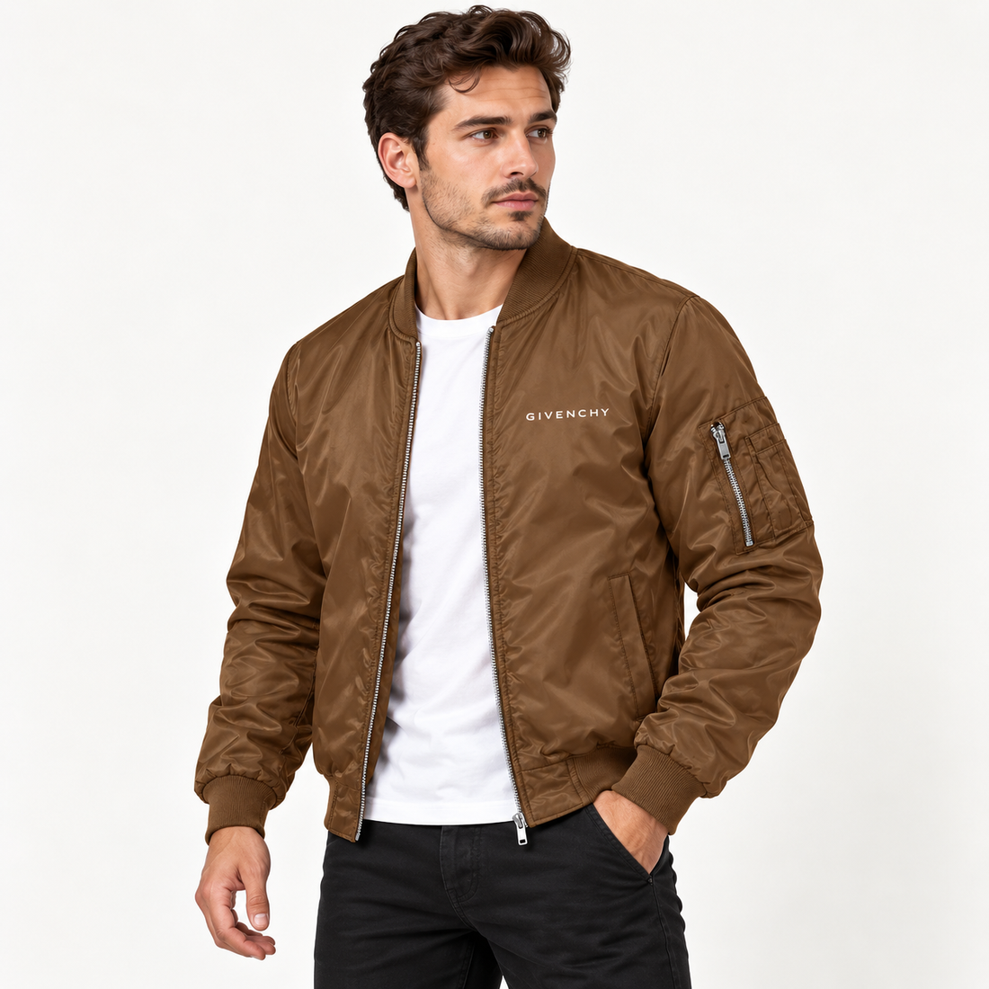 Men's Givenchy Lightweight Bomber Jacket Windbreaker Softshell Varsity Jacket Coat | Color: Brown | Image 2
