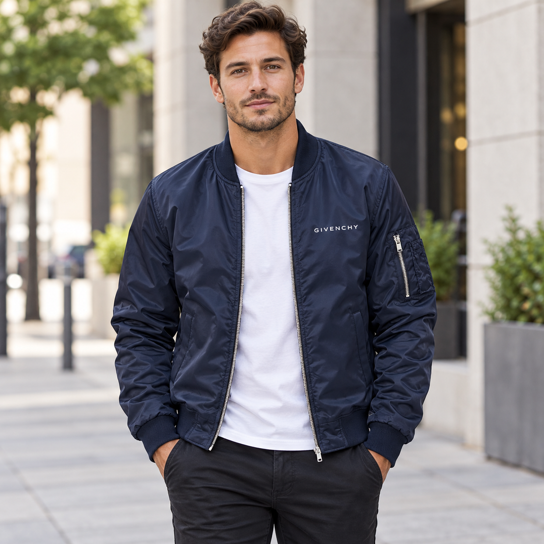 Men's Givenchy Lightweight Bomber Jacket Windbreaker Softshell Varsity Jacket Coat | Color: Navy | Image 1