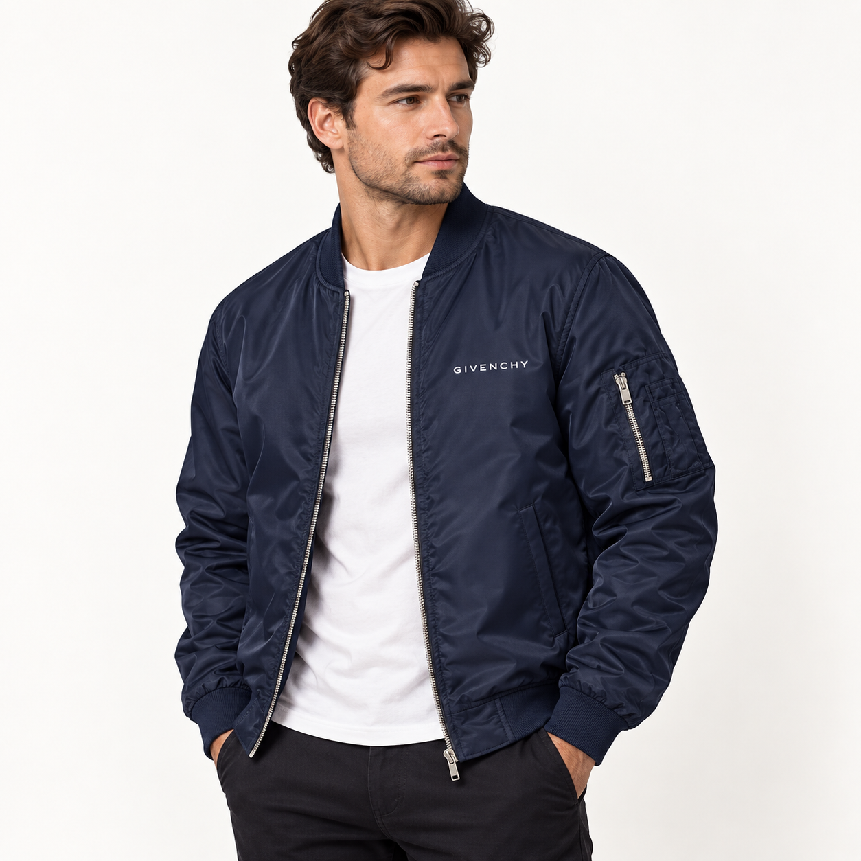 Men's Givenchy Lightweight Bomber Jacket Windbreaker Softshell Varsity Jacket Coat | Color: Navy | Image 2