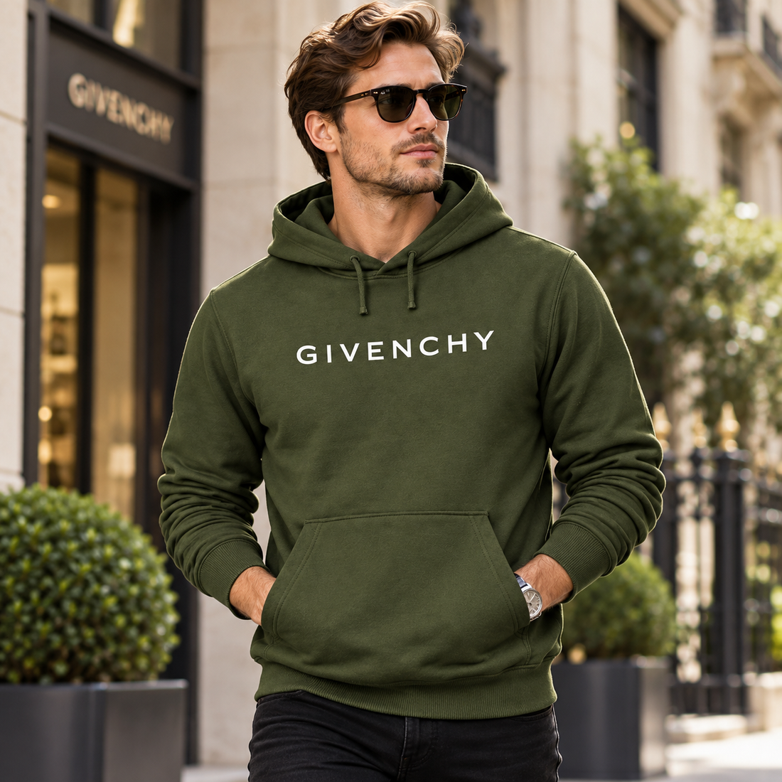 Men's Givenchy Pullover Hoodie in Army Green — lifestyle view